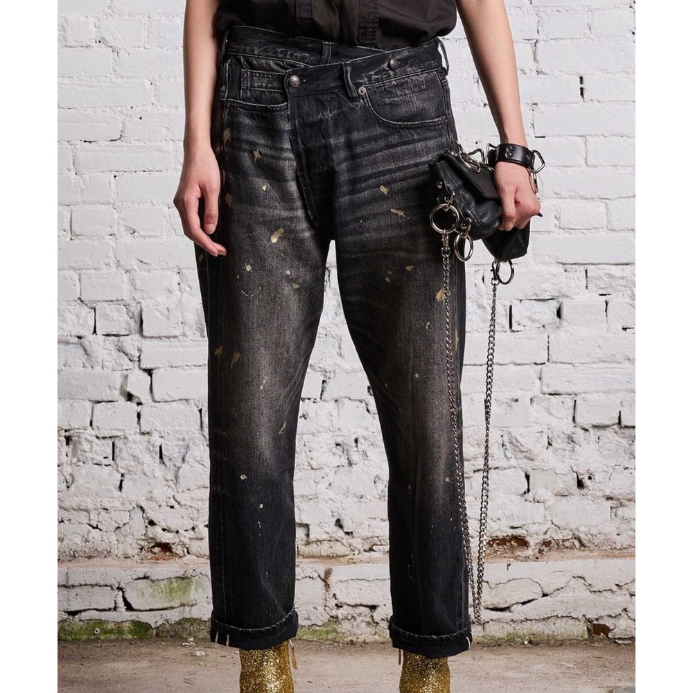 NWT R13 GOLD SPLATTER CROSSOVER JEAN - ETON SELVEDGE BLACK, 28 - Picture 3 of 9